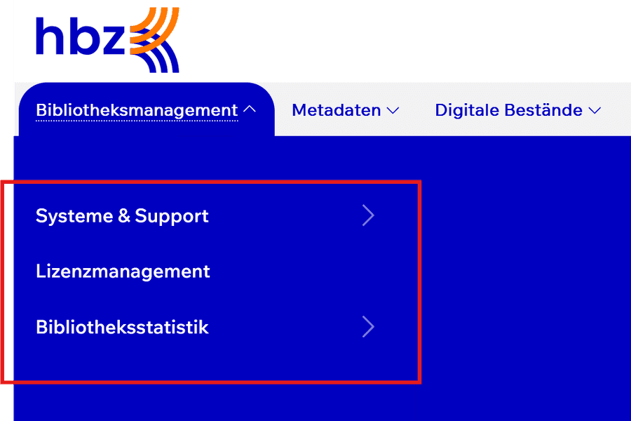 Navigation auf der Internet-Seite des hbz: ein Beispiel (Bildschirm-Foto) Bild von der Navigation auf der Website (Bildschirm-Foto)