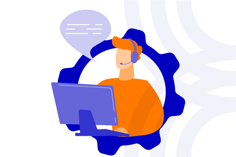 Bibliotheksmanagement Support Ein Mensch mit einem Headseat und einem Endgerät in der Ausführung einer Support-Aufgabe (grafische Darstellung, Dekoration)