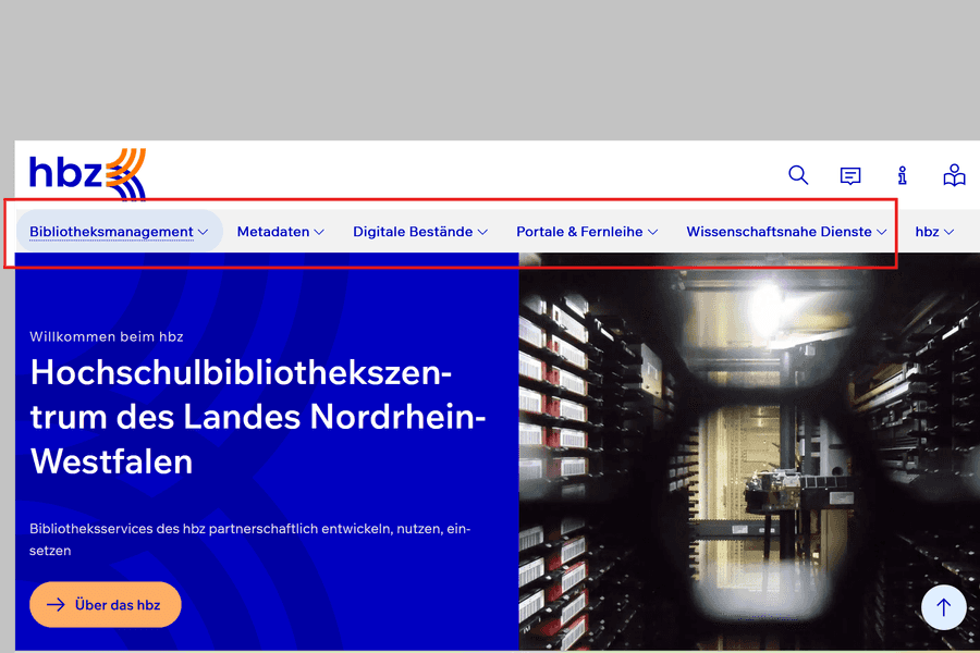 Die Internet-Seite vom hbz (Start-Seite) Die Internet-Seite vom hbz: Die Start-Seite mit der Navigation (Bildschirm-Foto)